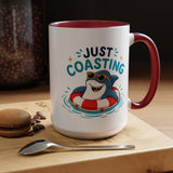 Funny Shark Coffee Mug, Just Coasting Shark Mug, Cute Beach Lover Coffee Cup, Relaxing Summer Vacation Gift for Shark Fans