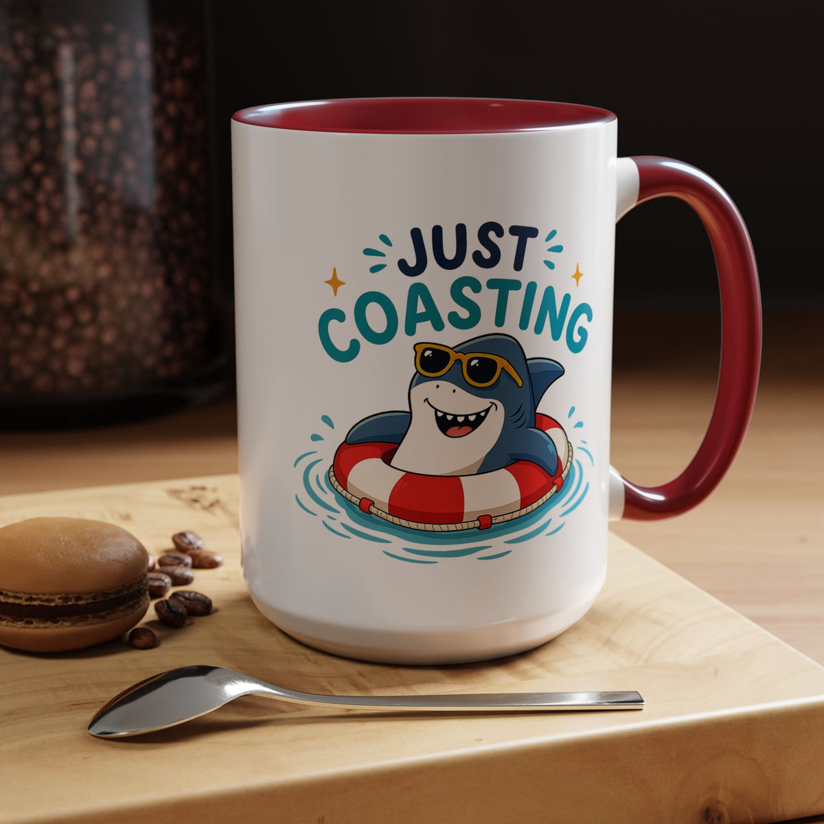 Funny Shark Coffee Mug, Just Coasting Shark Mug, Cute Beach Lover Coffee Cup, Relaxing Summer Vacation Gift for Shark Fans