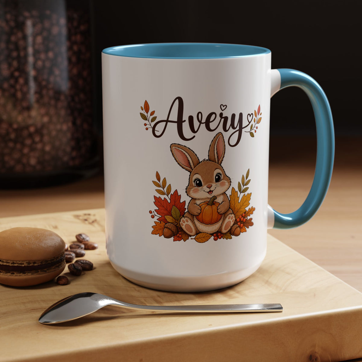 Personalized Bunny Mug with Name, Autumn Rabbit Coffee Cup, Cute Fall Woodland Gift for Daughter, Easter Basket or Birthday Keepsake