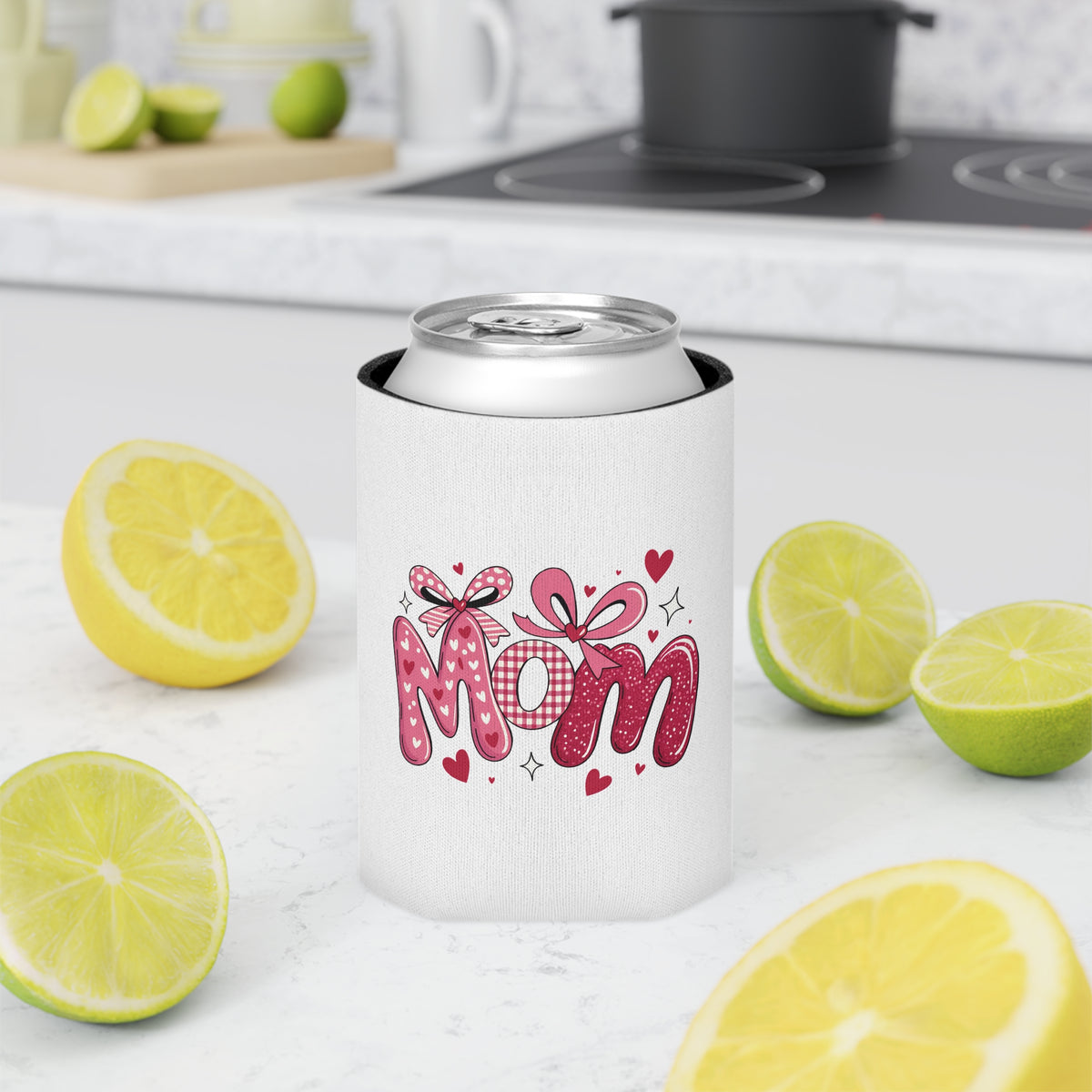 Mom Can Cooler, Mother's Day Drink Holder, Pink Bow Beverage Sleeve, Mom Gift for Her, Cute Beer Can Cozy, Floral Heart Drinkware