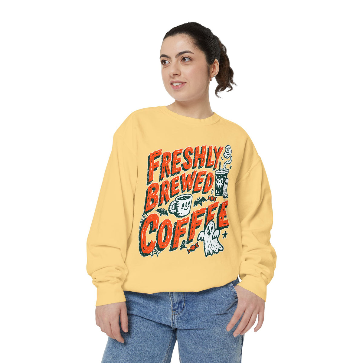 Coffee Lover Halloween Sweatshirt, Freshly Brewed Coffee Ghost Pullover, Cute Spooky Season Gift for Barista and Caffeine Fan, Gift for Her