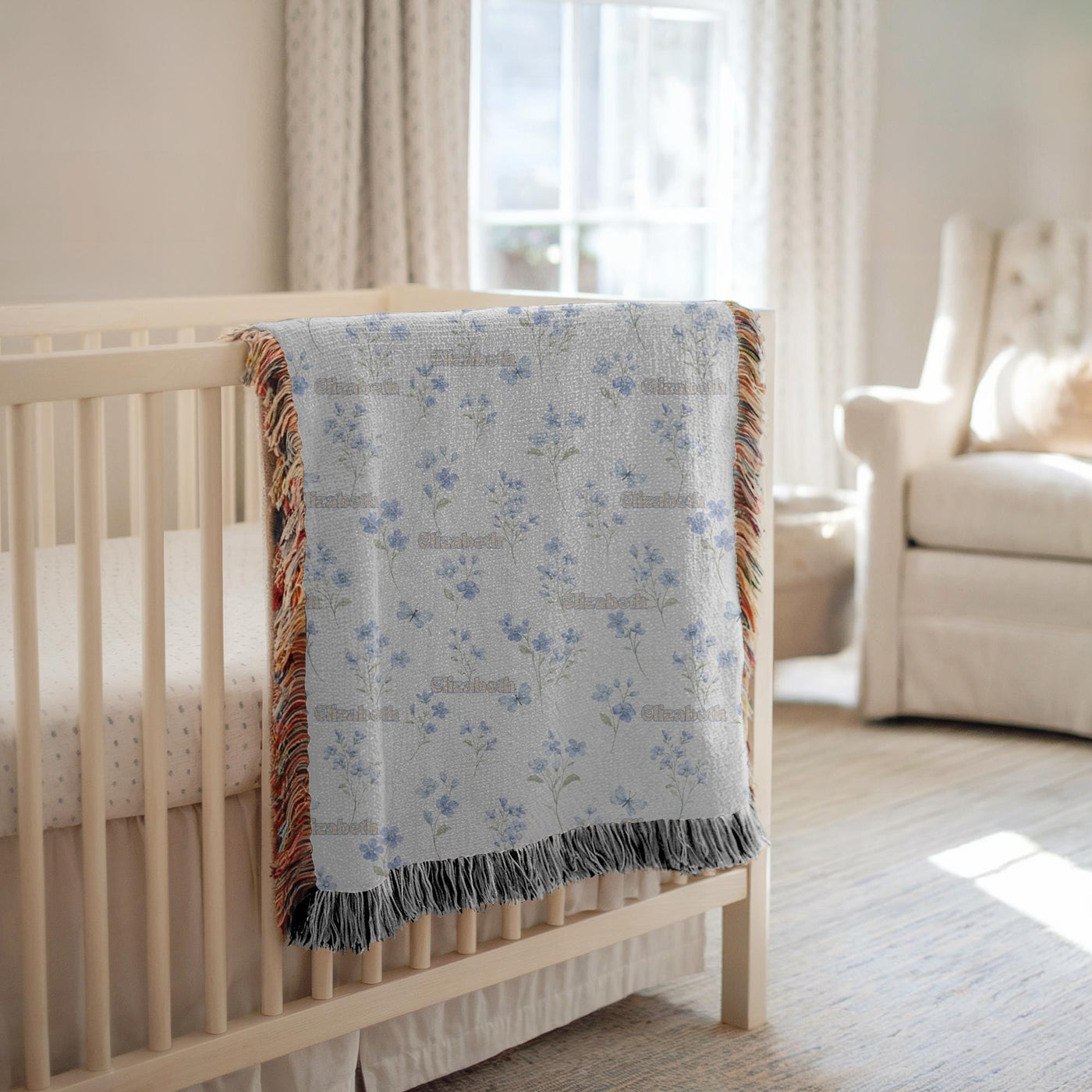 Custom Name Floral Woven Blanket Blue Flower Baby Blanket Personalized Nursery Blanket Girl Baby Shower Gift Botanical Throw