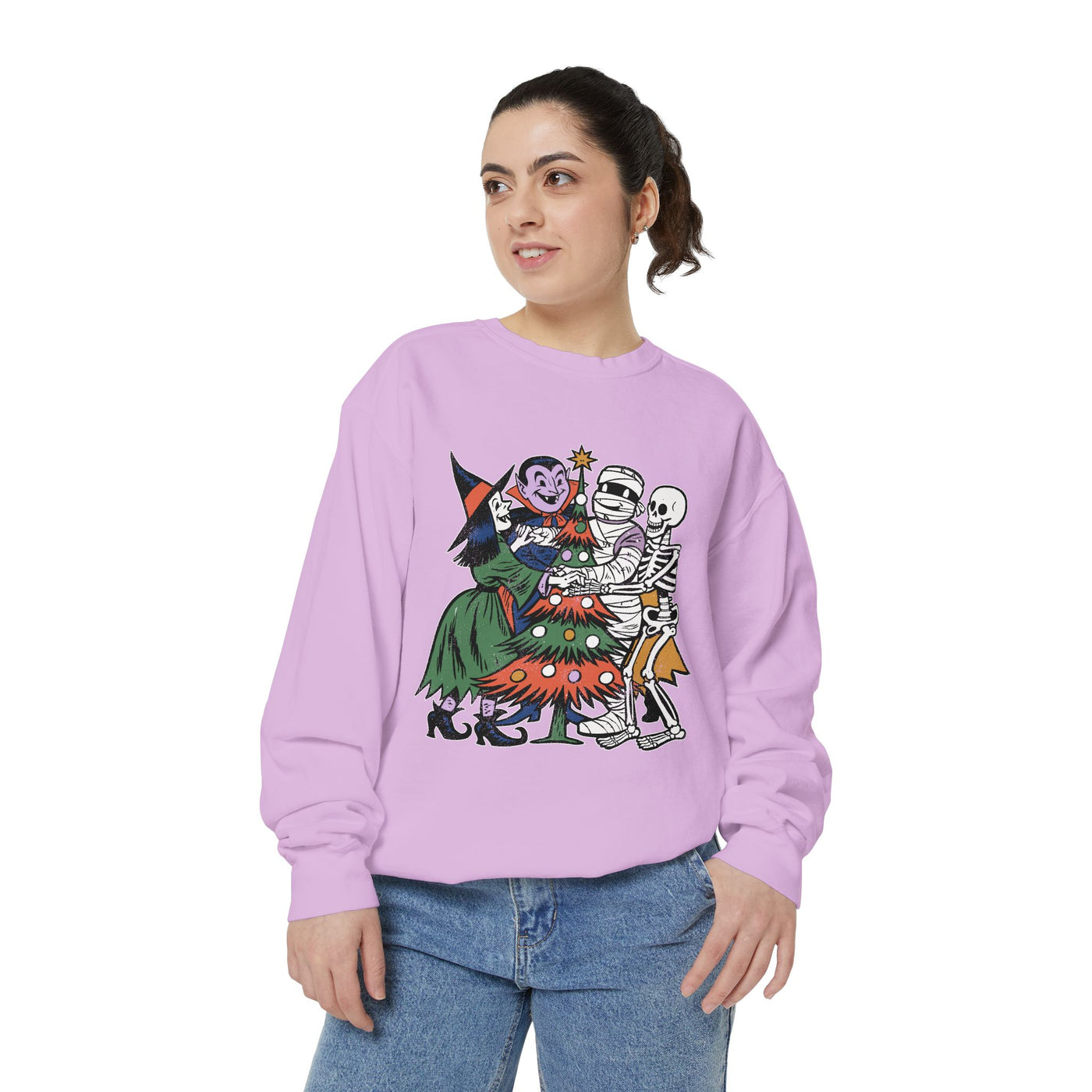 Spooky Christmas Sweatshirt, Halloween Holiday Mashup Crewneck, Witch Vampire Mummy Skeleton Pullover, Gothic Xmas Gift for Horror Fan