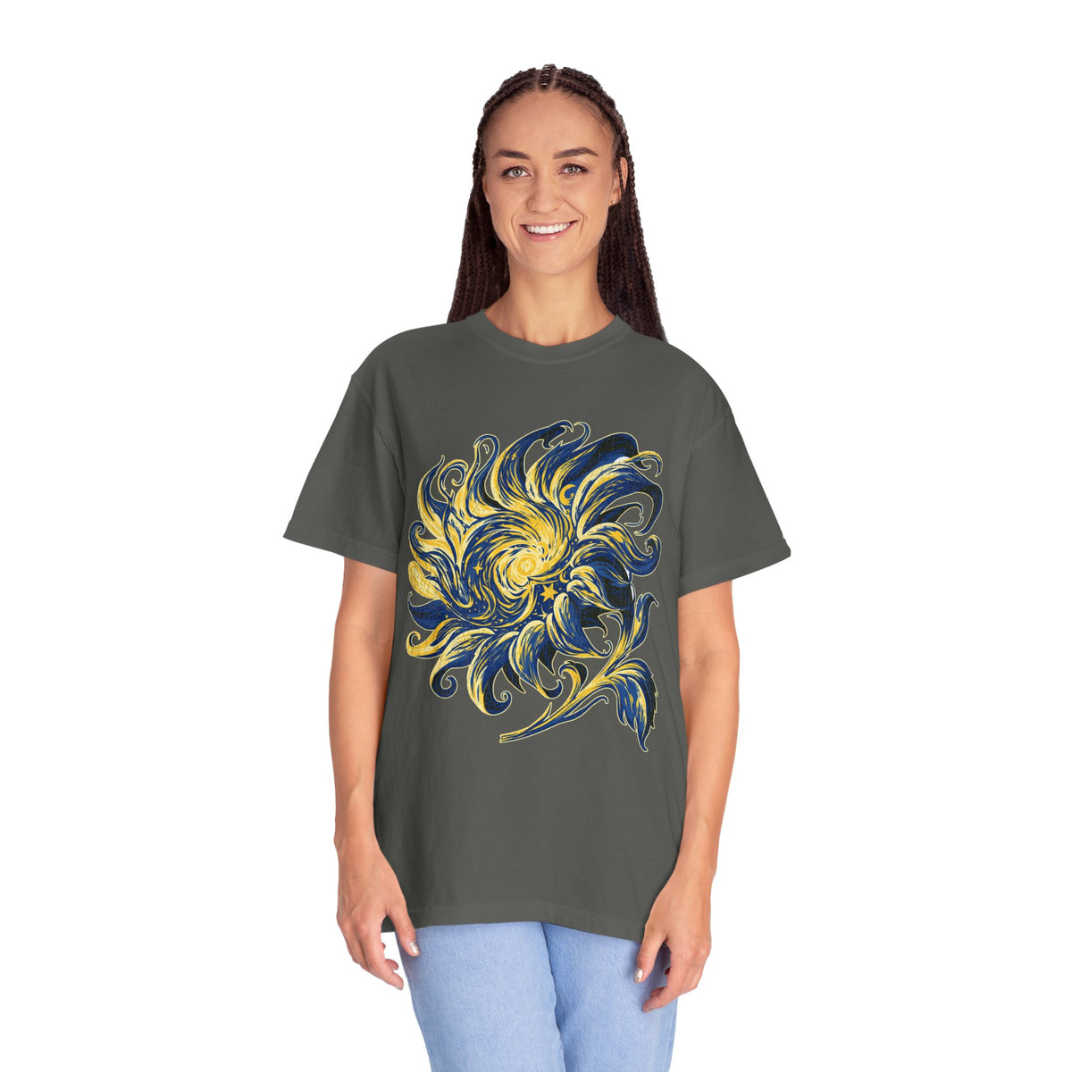 Celestial Sun Graphic Shirt, Blue and Gold Cosmic T-Shirt, Mystical Night Sky Tee, Astrology Gift for Stargazers and Dreamers, Gift Idea
