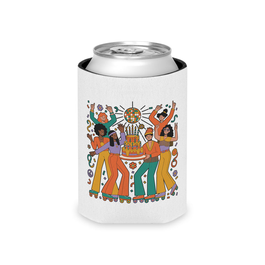 A white can cooler on a drink can, printed with a group of roller skaters in 70s flares dancing around a tiered birthday cake under a disco ball, in orange, teal, mustard and lavender.