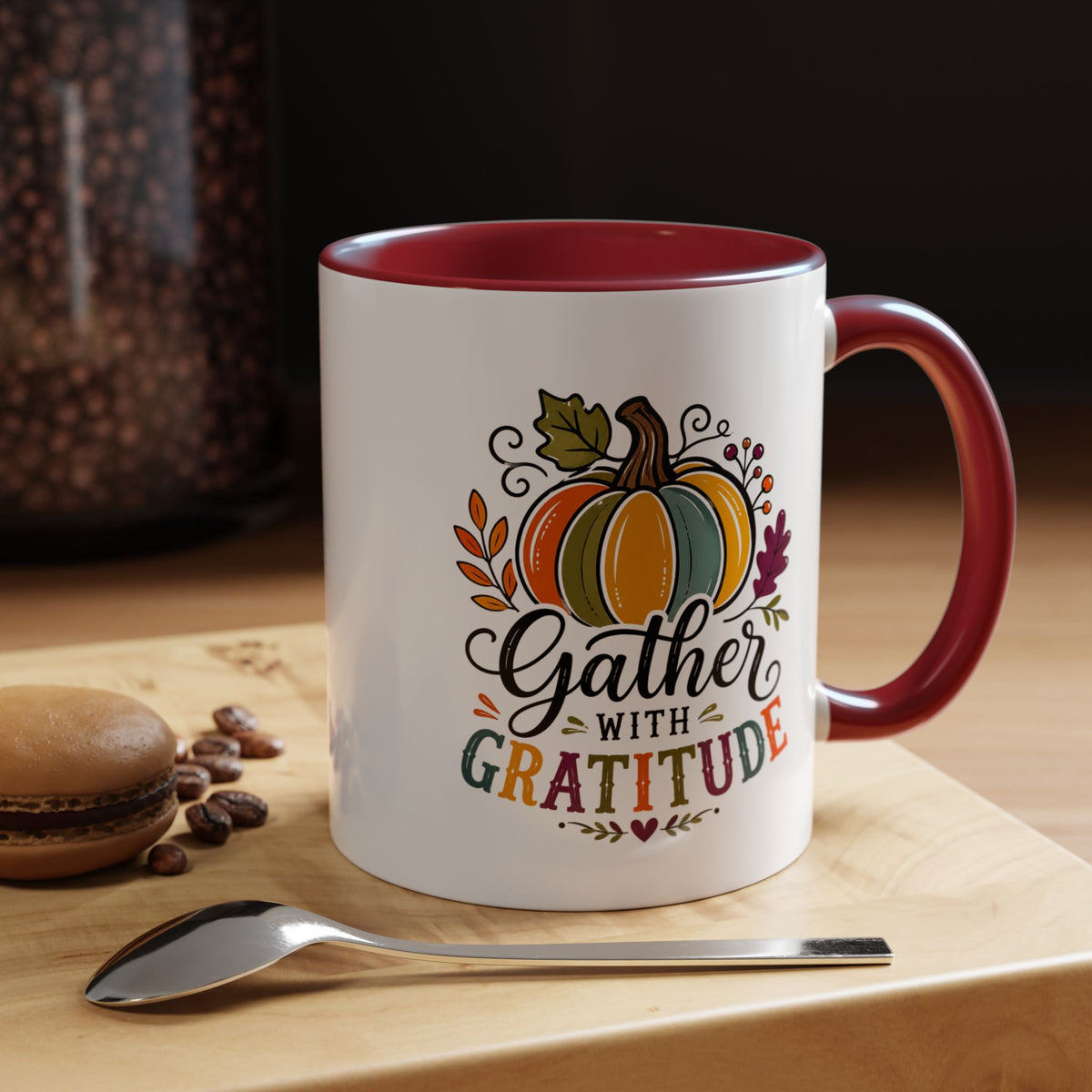 Gather With Gratitude Mug, Colorful Pumpkin Thanksgiving Coffee Cup, Cozy Fall Hostess Gift, Autumn Kitchen and Harvest Decor