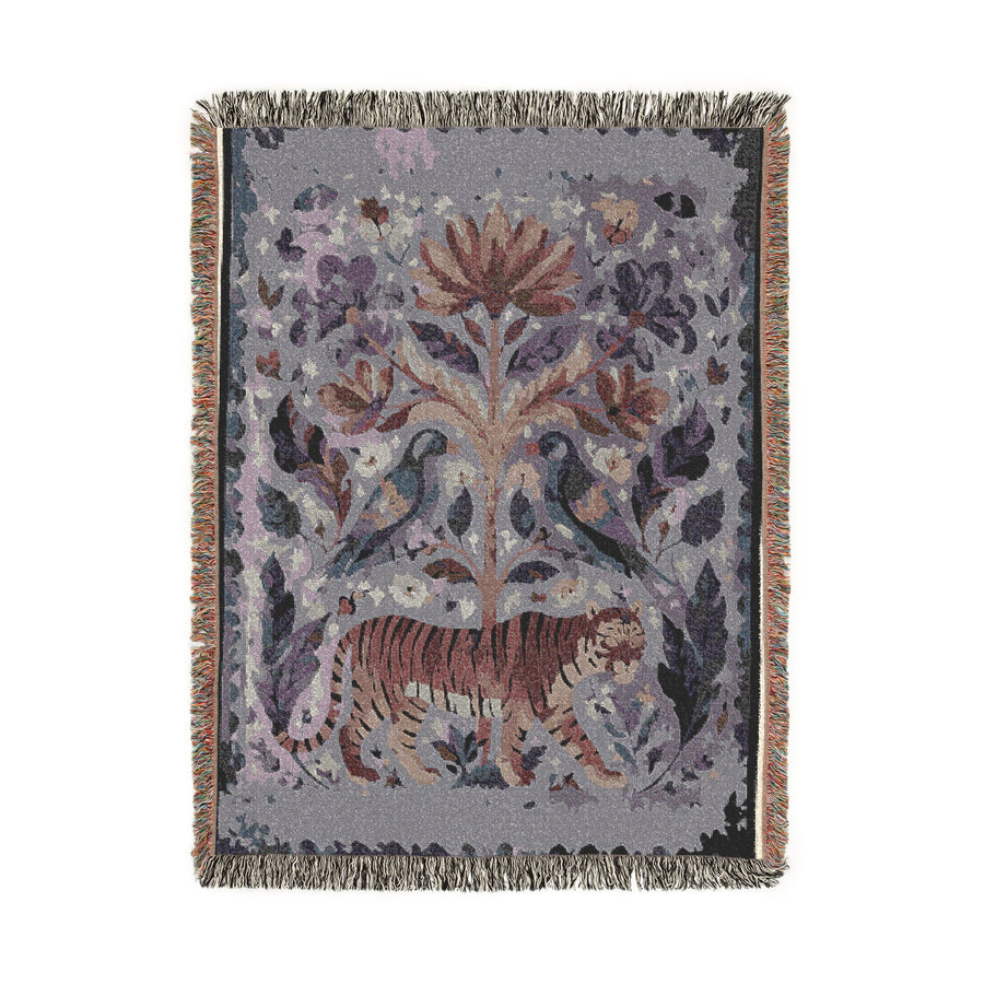 Vintage Tiger Tapestry Blanket, Botanical Woven Throw, Wildcat Floral Home Decor, Boho Cottagecore Gift, Cozy Nature Inspired Accent