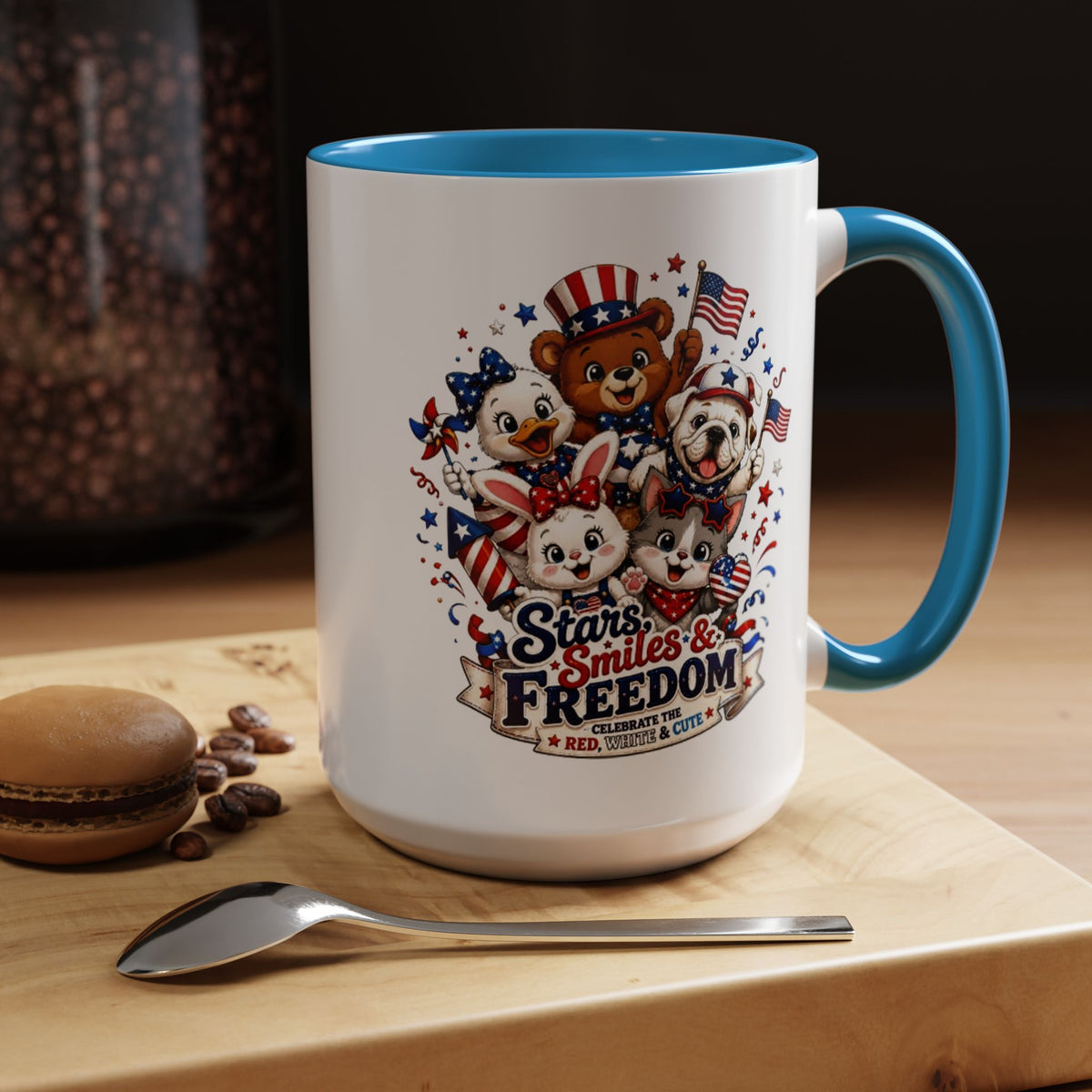 Cute Patriotic Animal Coffee Mug, Fourth of July Mug for Kids and Families, Stars Smiles and Freedom Cup, Independence Day Gift