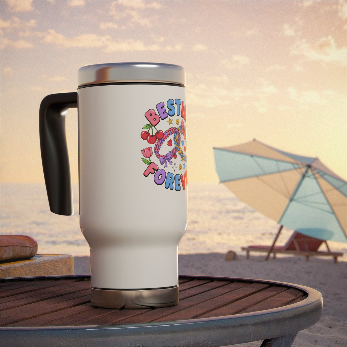 Besties Forever Travel Mug with Handle, Colorful Friendship Cup, Cute Best Friend Gift for Coffee Lovers and Daily Commutes