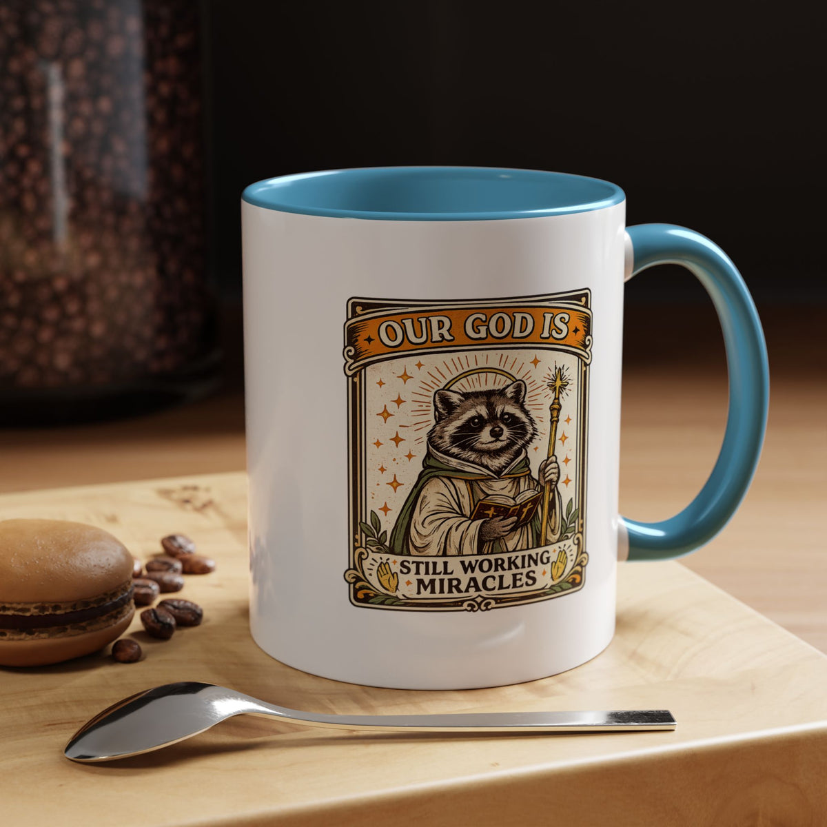 Our God Is Still Working Miracles Coffee Mug, Funny Raccoon Christian Gift for Friends, Cute Religious Parody Trash Panda Ceramic Tea Cup with Black Handle