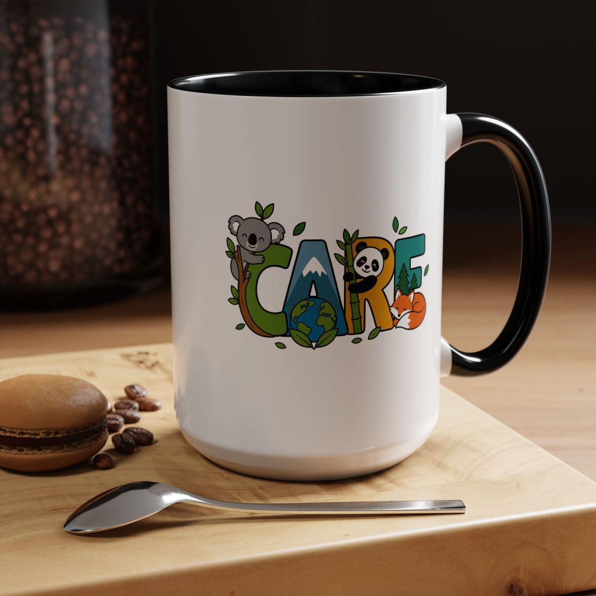 Earth Care Animal Mug, Eco Awareness Coffee Cup, Cute Wildlife Conservation Gift for Nature Lover, Earth Day Gift for Teacher or Mom