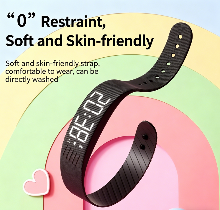 White silicone fitness band with a built-in digital display showing time and step count, in a seamless wraparound strap design.