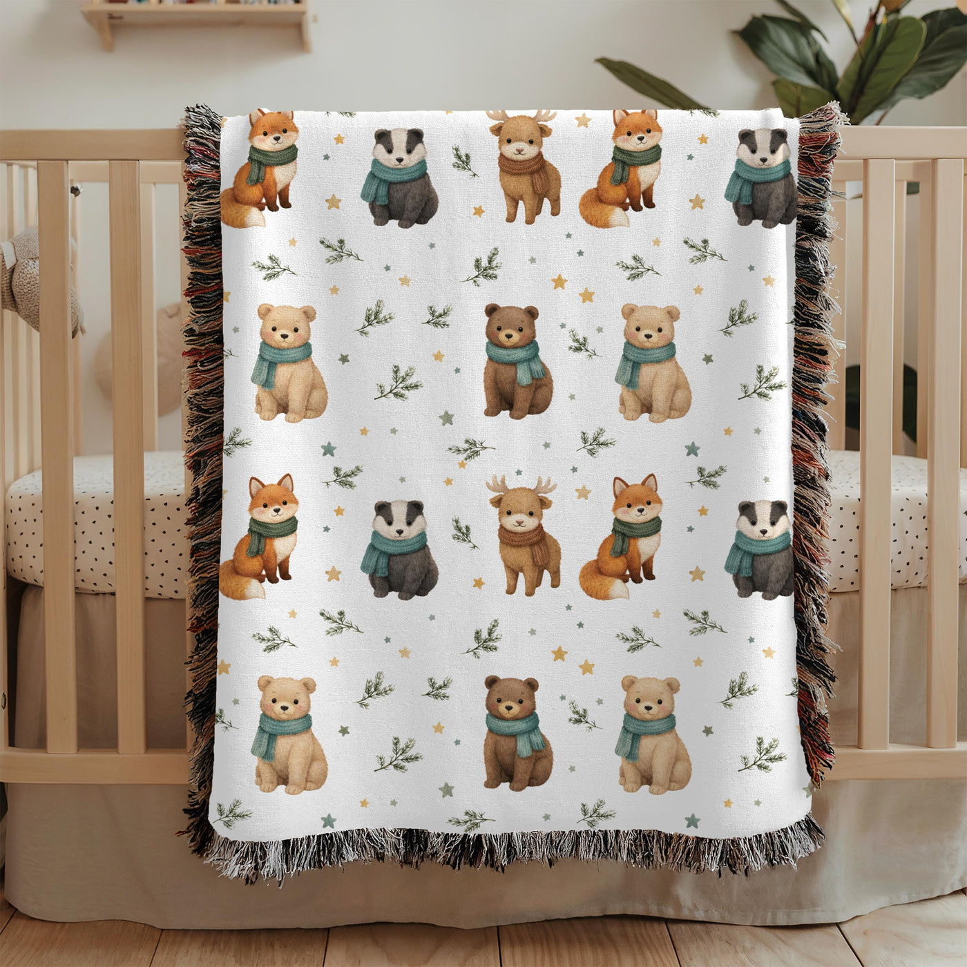Woodland Animal Nursery Woven Blanket Bear Fox Deer Baby Blanket Forest Animal Throw Baby Shower Gift Kids Room Decor