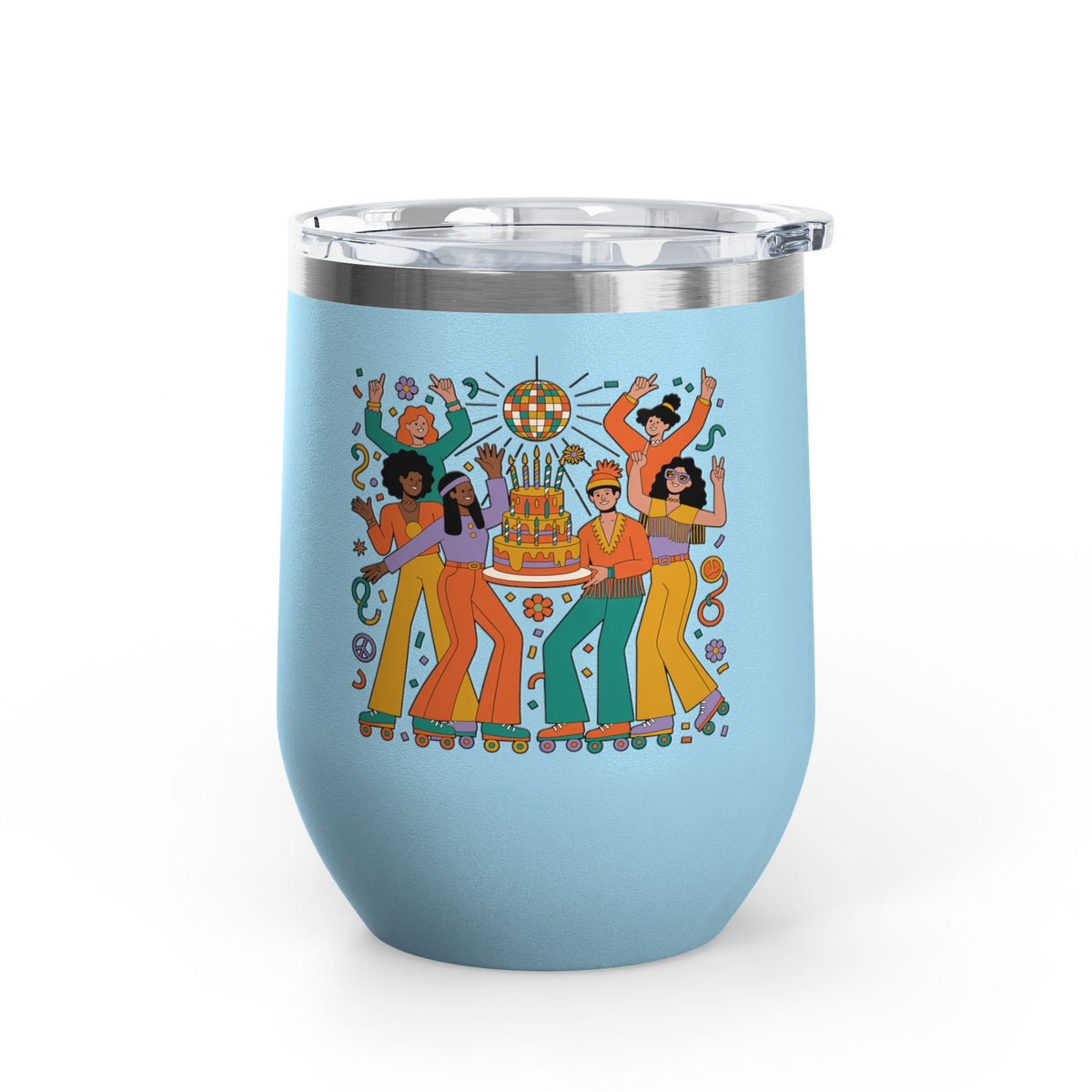 Retro Disco Birthday Wine Tumbler, 70s Roller Skating Party Design, Groovy Drinkware Gift for a Skater Friend Who Loves Vintage Aesthetics