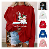 A red crewneck sweatshirt printed with two snowmen beside plaid and white Christmas trees above Merry Christmas, shown with smaller images of other colors.