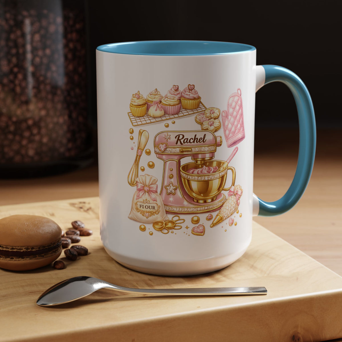 Cute Baking Stand Mixer Coffee Mug, Personalized Baker Gift for Her, Aesthetic Pastry Chef Kitchen Ceramic Tea Cup with Dark Blue Handle