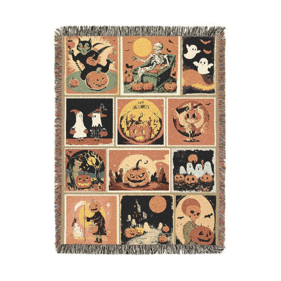 Vintage Halloween Blanket, Retro Spooky Collage Throw for Gothic Home Decor, Pumpkin and Ghost Sofa Blanket, Dark Academia Halloween Gift
