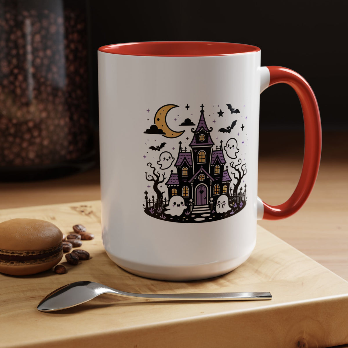 Cute Haunted House Mug, Kawaii Ghost Halloween Coffee Cup, Spooky Season Gift for Her, Purple Witchy Decor, Cozy Fall Birthday Present