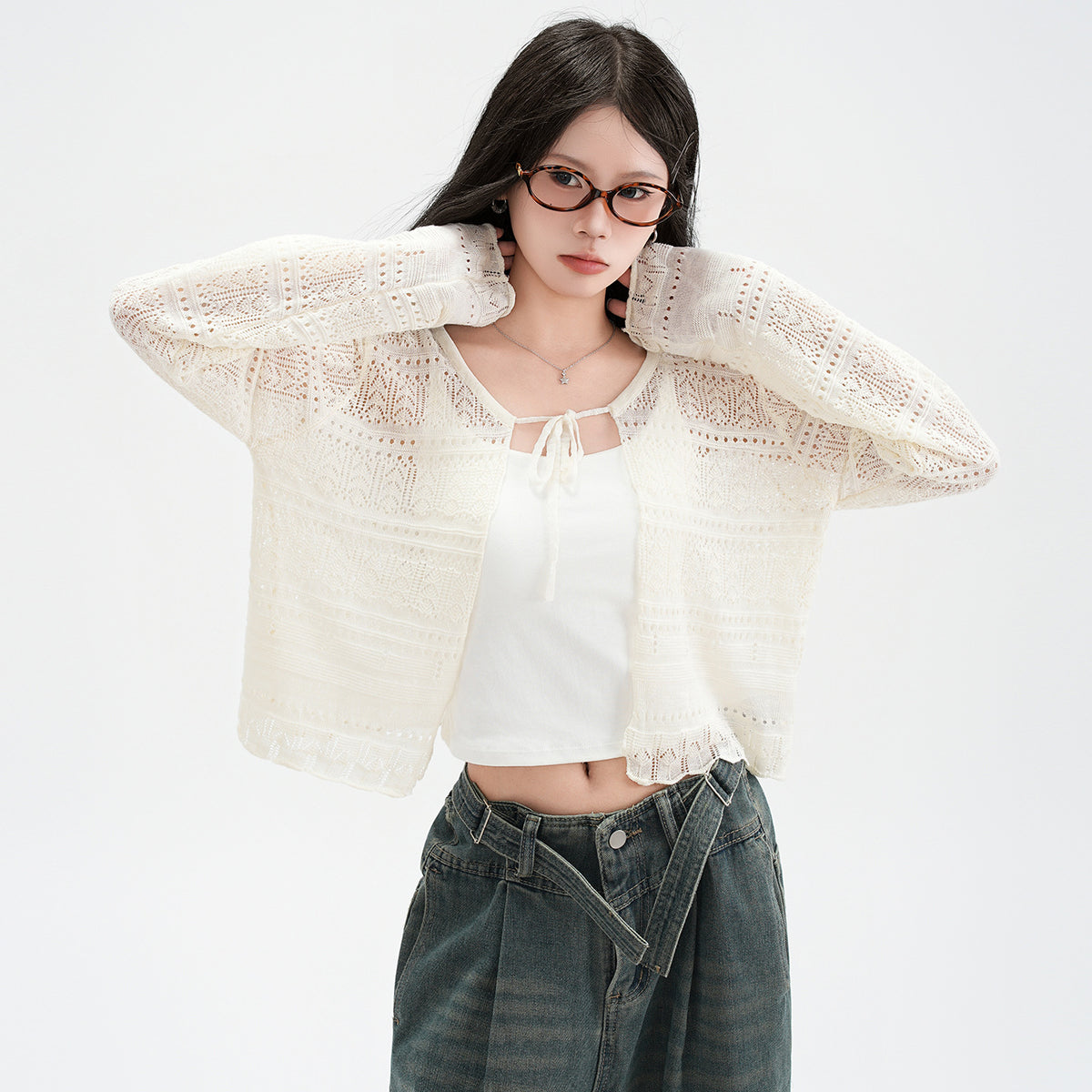 Hollow Linen Knit Cardigan for Women Lightweight Tie-Back Long Sleeve Shawl Cover-Up Top