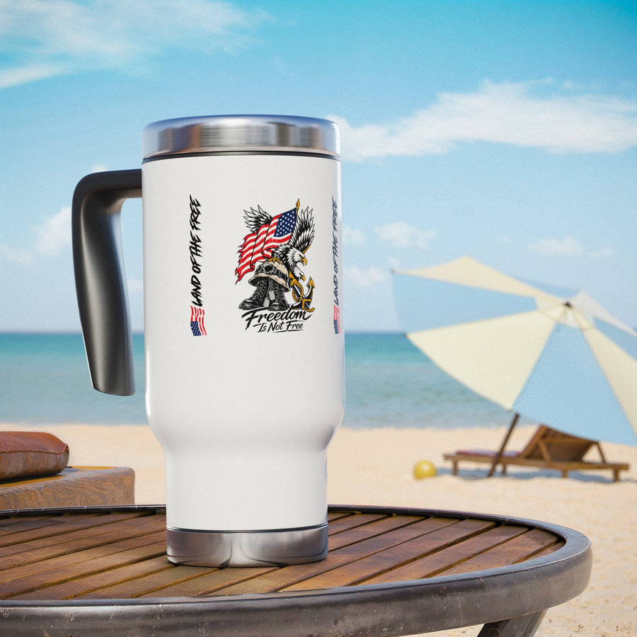 Land of the Free Patriotic Eagle Travel Mug, American Flag Stainless Steel Cup, Red White and Blue 14 oz Tumbler, Veteran Gift