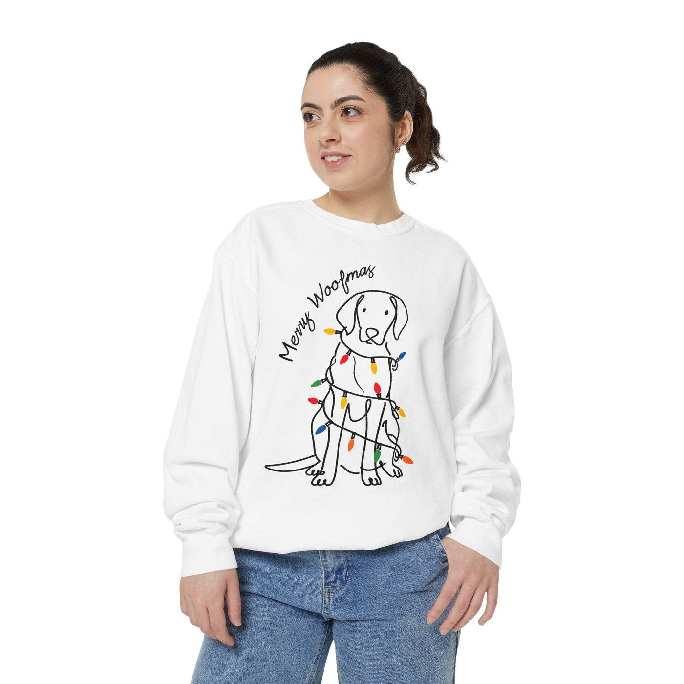 Merry Woofmas Dog Sweatshirt, Funny Christmas Puppy Crewneck, Holiday Lights Pet Lover Pullover, Cute Christmas Gift for Dog Mom or Dog Dad