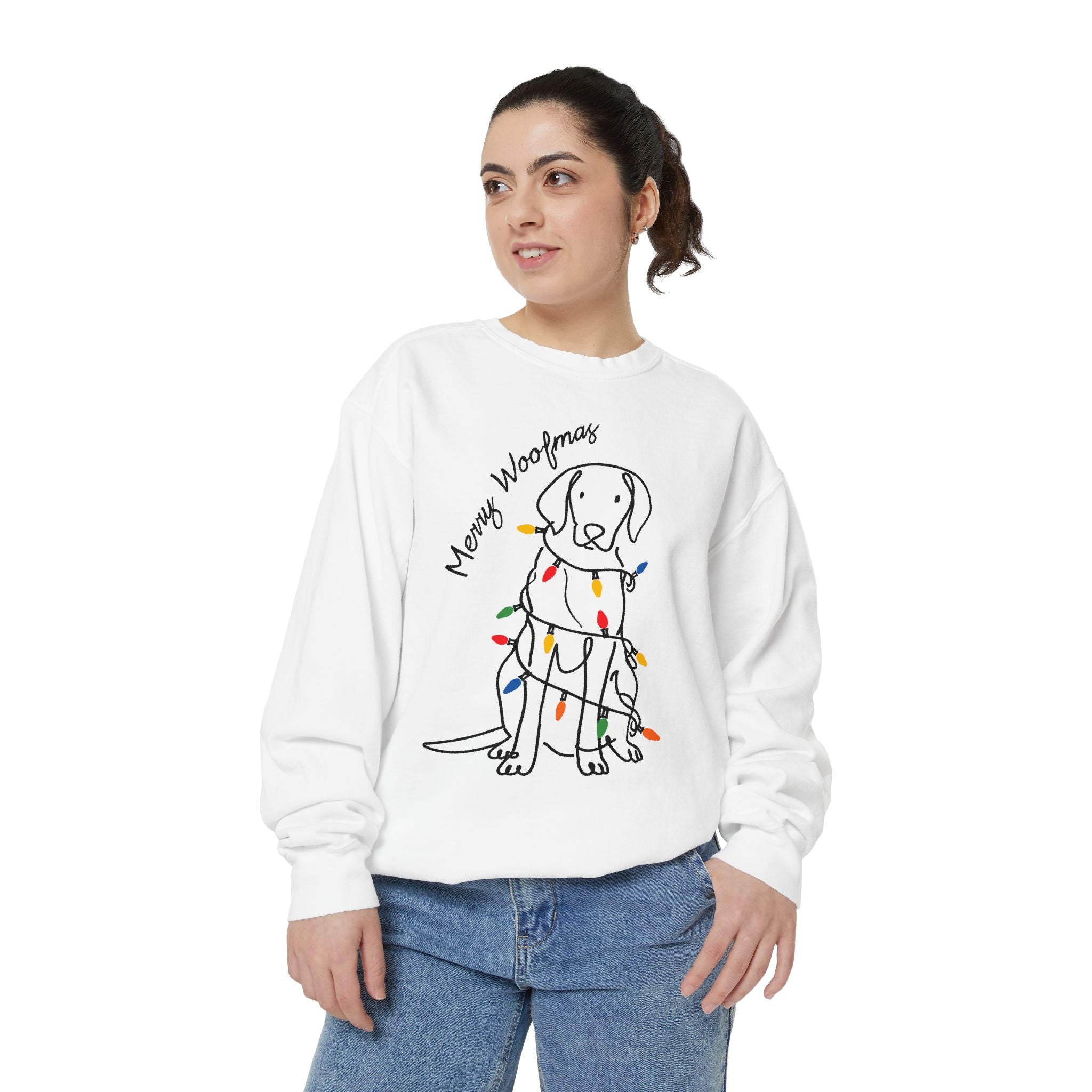 Merry Woofmas Dog Sweatshirt, Funny Christmas Puppy Crewneck, Holiday Lights Pet Lover Pullover, Cute Christmas Gift for Dog Mom or Dog Dad