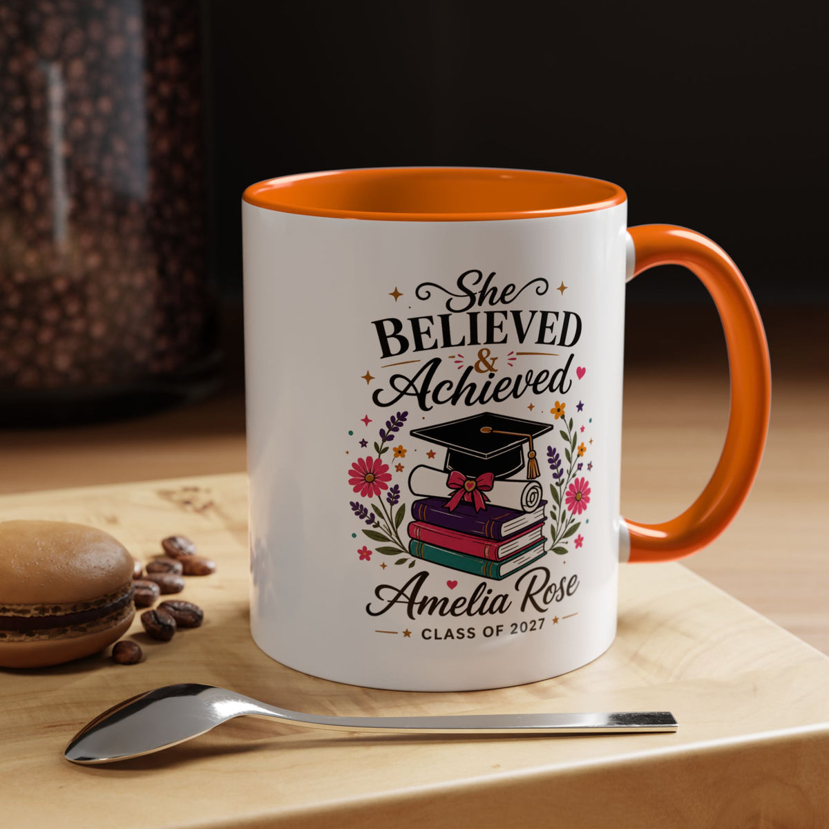 Personalized Graduation Mug for Her, She Believed and Achieved Coffee Cup, Custom Name Class of 2027 Gift, Floral Graduation Keepsake
