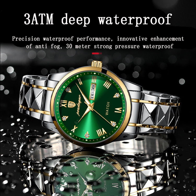 Green sunburst dial watch with gold accents and a two-tone silver and gold bracelet, shown with water droplets