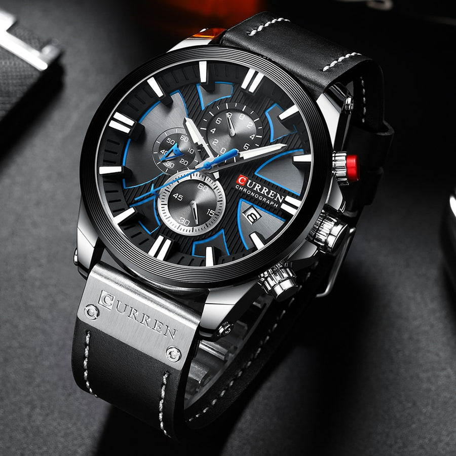 CURREN men's chronograph watch, black and gold dial, brown leather strap