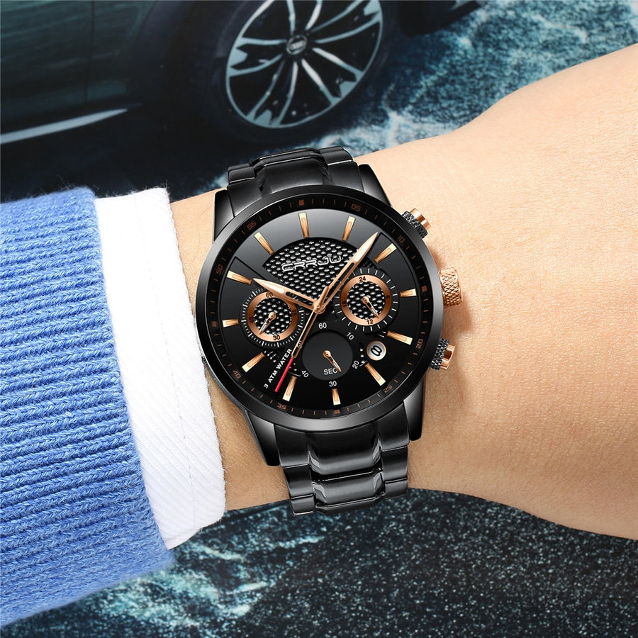 CRRJU men's chronograph watch, black dial with rose gold accents, black stainless steel bracelet