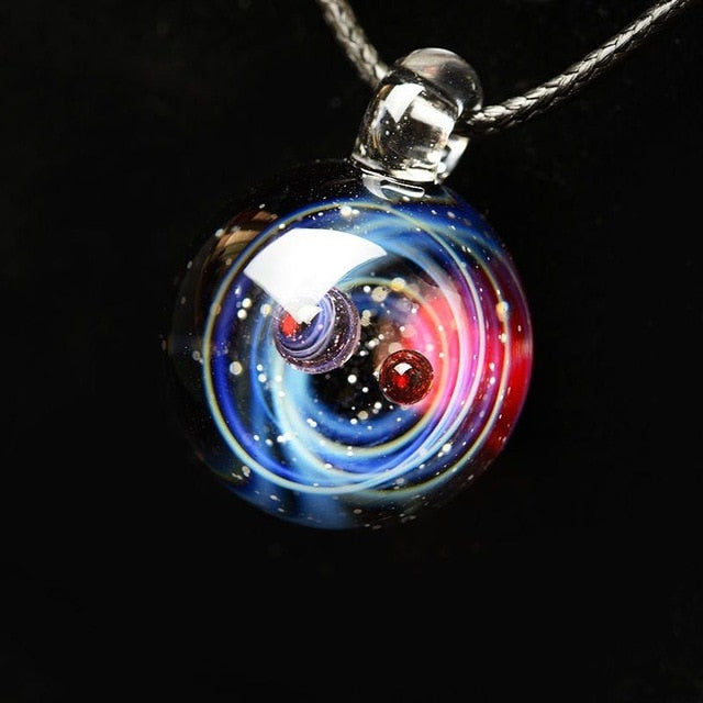 Universe Glass Bead Planets Pendant Necklace Galaxy Rope Chain Solar System Design Necklace