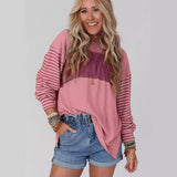 Women's casual color-blocked striped long sleeve round neck pullover t-shirt