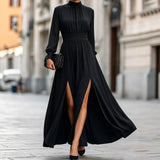 Stylish High-Waisted Long Dress with Stand-Up Collar, Long Sleeves, Double Slit, and Flared Hem
