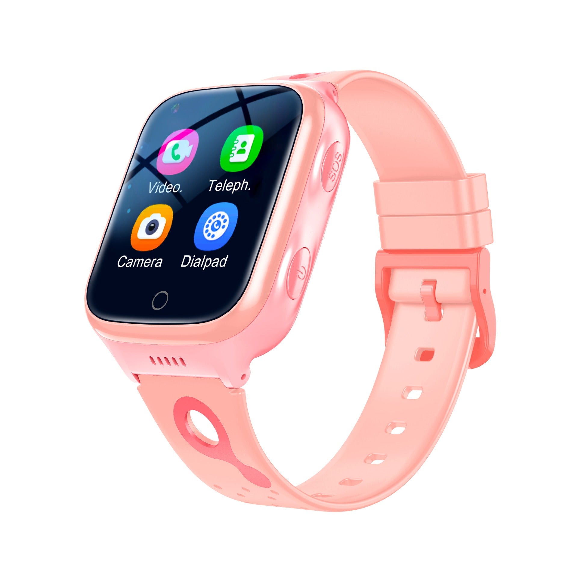 Pink children's touchscreen phone watch with video call, telephone, camera, and dialpad icons