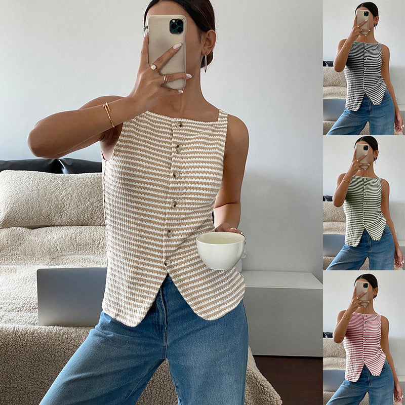 The same sleeveless striped knit vest shown in four colourways, tan, black, green and pink, each buttoned down the front and finished with a curved split hem, each photographed in a mirror at home.