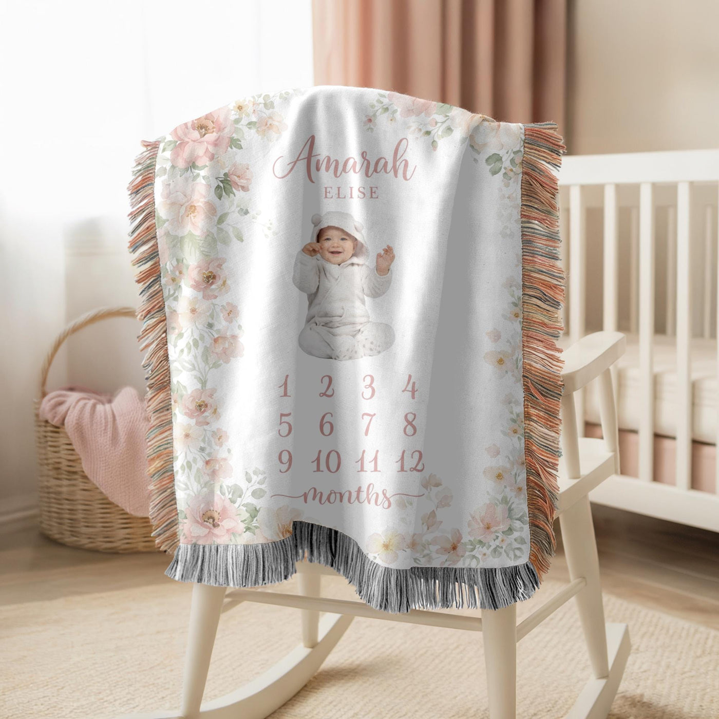 Personalized Baby Milestone Woven Blanket Floral Baby Blanket Monthly Photo Blanket Baby Shower Gift Nursery Decor