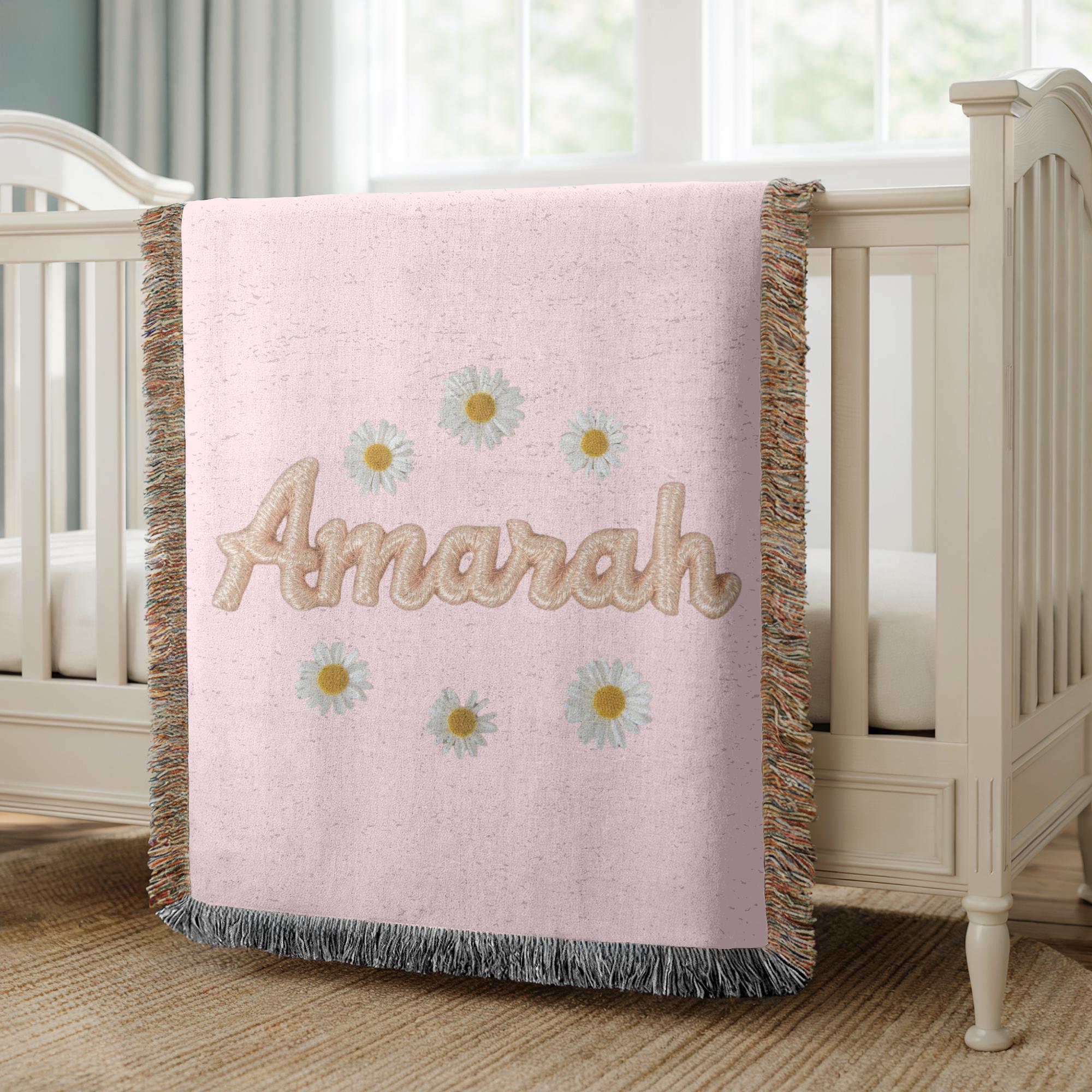 Personalized Name Woven Blanket Daisy Floral Blanket Custom Baby Blanket Nursery Decor Baby Shower Gift
