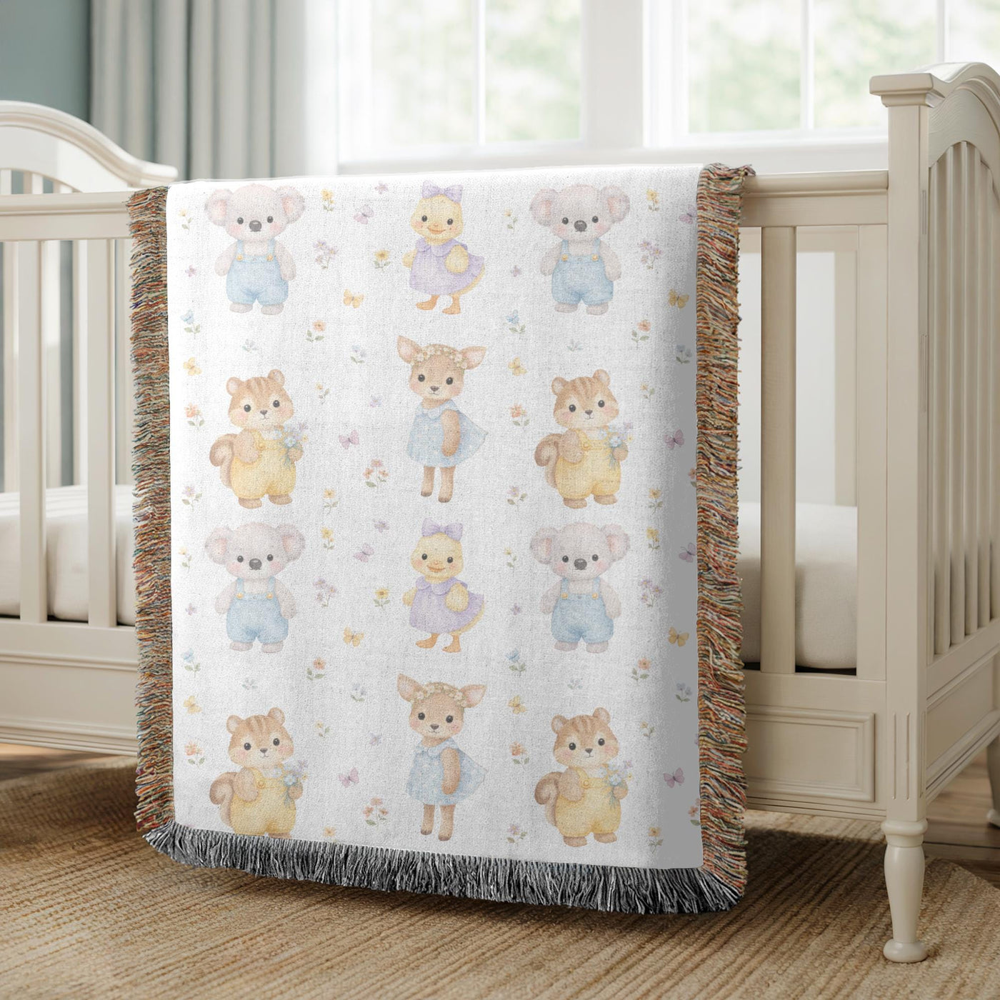 Cute Woodland Animal Baby Woven Blanket Forest Nursery Decor Koala Duck Deer Squirrel Kids Throw Baby Shower Gift