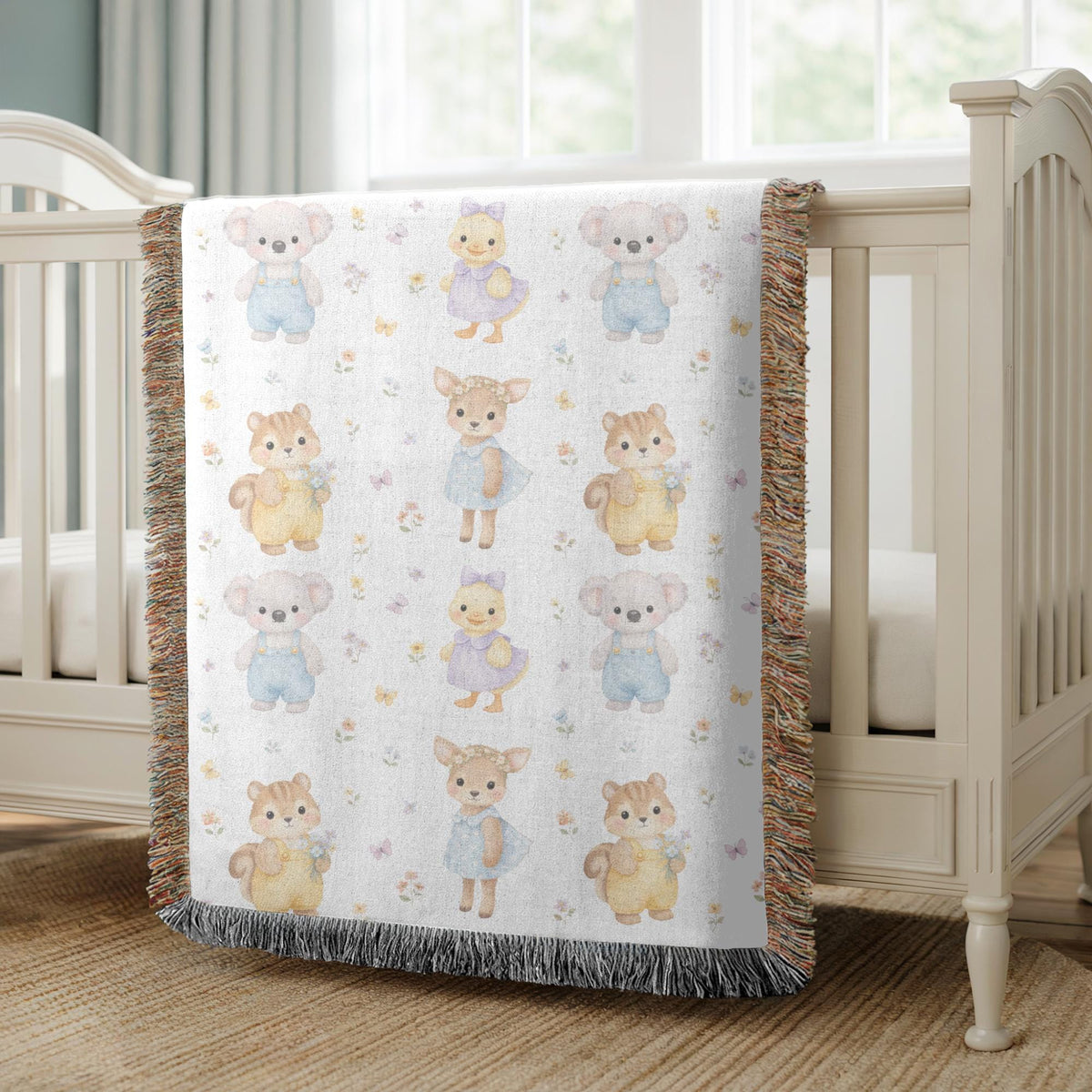 Cute Woodland Animal Baby Woven Blanket Forest Nursery Decor Koala Duck Deer Squirrel Kids Throw Baby Shower Gift