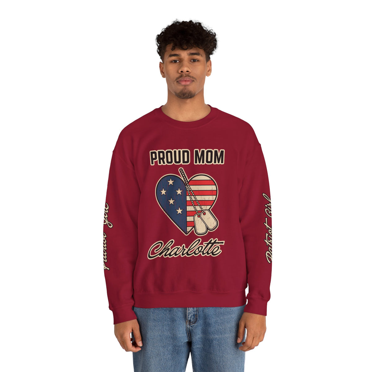 Personalized Proud Mom Sweatshirt, Custom Military Mom Pullover, American Flag Heart Crewneck, Military Mom Gift, Patriotic Mother Shirt
