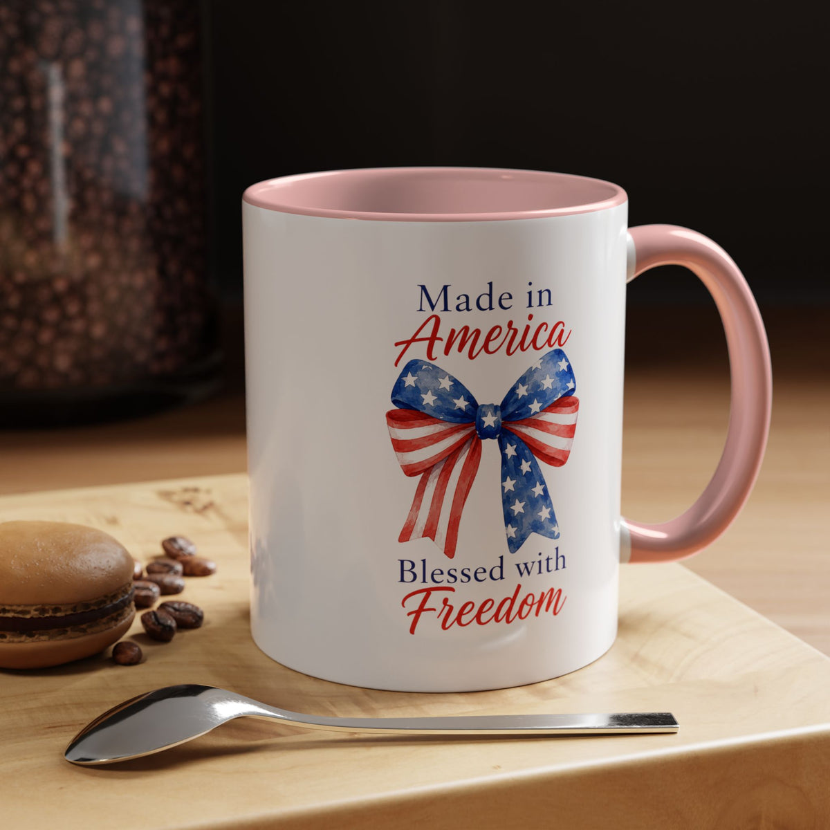 Made in America Blessed with Freedom Mug, Patriotic American Flag Bow Coffee Mug, USA Pride Gift for Women, Fourth of July Cup