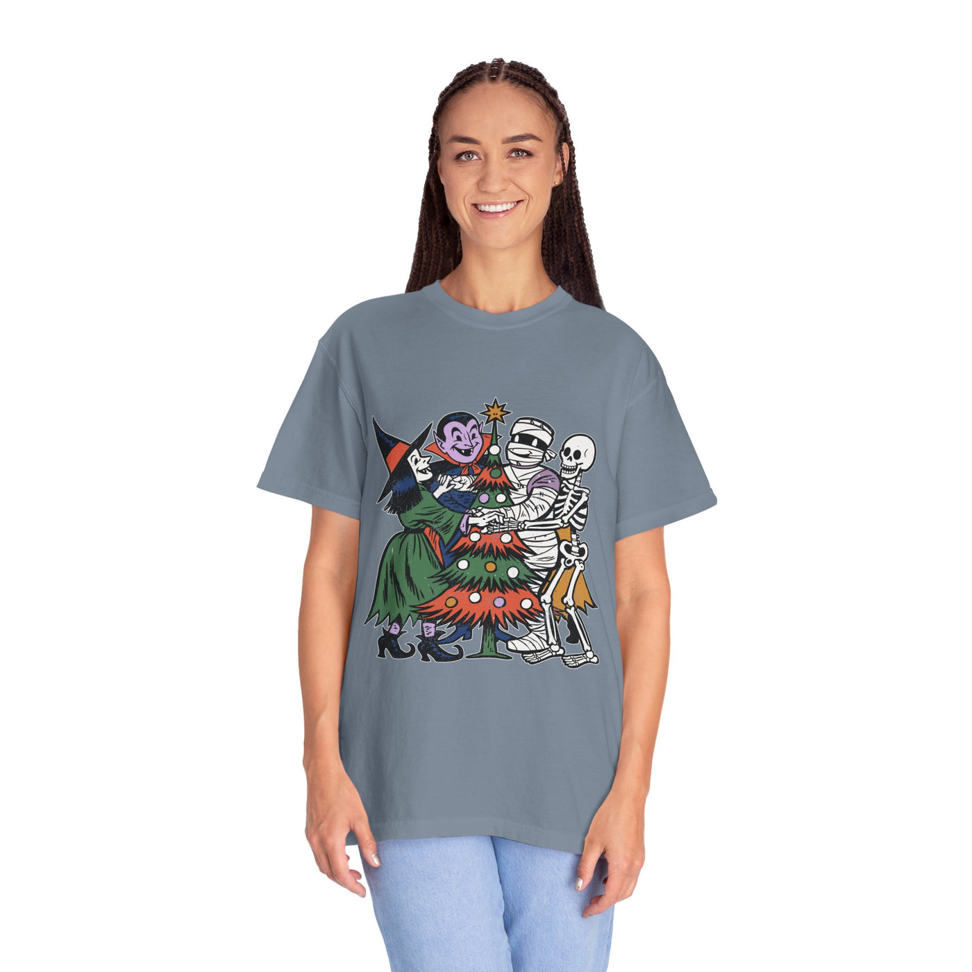 Spooky Christmas Shirt, Halloween Holiday Mashup T-Shirt, Witch Vampire Mummy and Skeleton Tree Tee, Gothic Christmas Gift for Horror Fan