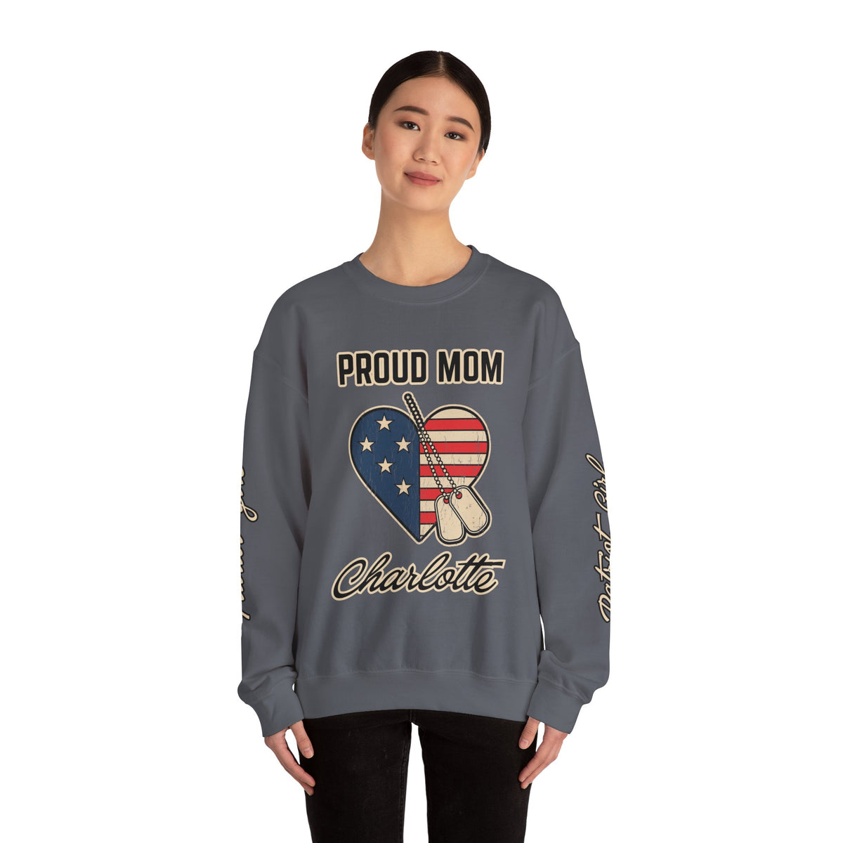 Personalized Proud Mom Sweatshirt, Custom Military Mom Pullover, American Flag Heart Crewneck, Military Mom Gift, Patriotic Mother Shirt