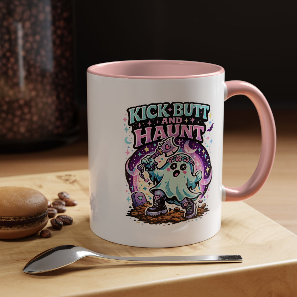 Kick Butt and Haunt Mug, Cute Pastel Ghost Black Accent Coffee Cup, Unique Funny Halloween Gift for Her, Spooky Bestie or Pastel Goth