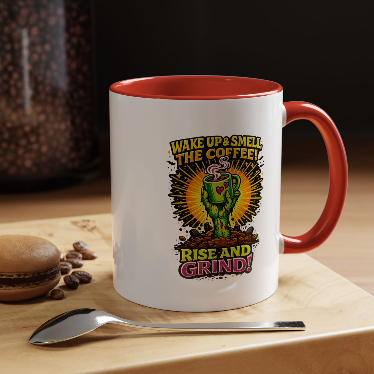 Zombie Coffee Mug, Wake Up and Smell the Coffee Black Accent Cup, Unique Funny Rise and Grind Gift for Horror Fan, Barista or Coworker