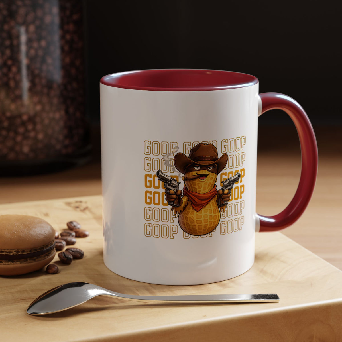 Good Repeating Slogan Cowboy Peanut Mug, Funny Western Office Joke Gift for Coworkers, Sarcastic Outlaw Ceramic Tea Cup with Dark Blue Handle
