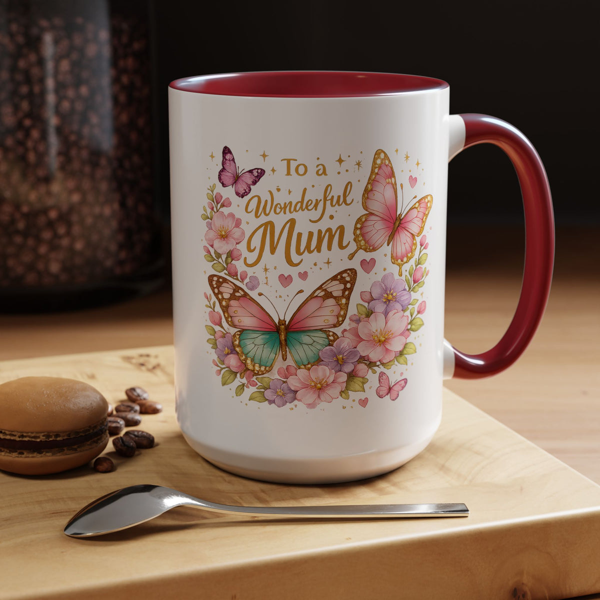 To a Wonderful Mum Coffee Mug, Cute Butterfly Birthday Gift for Mother, Floral Pastel Watercolor Ceramic Tea Cup with Pink Handle, Mum Gift