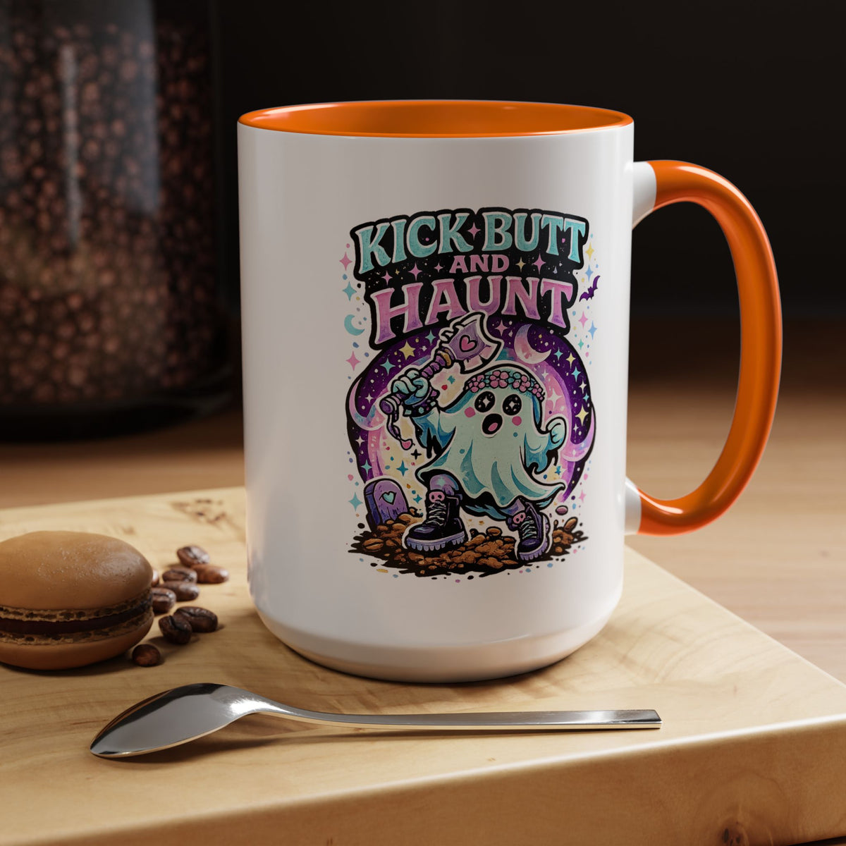 Kick Butt and Haunt Mug, Cute Pastel Ghost Black Accent Coffee Cup, Unique Funny Halloween Gift for Her, Spooky Bestie or Pastel Goth