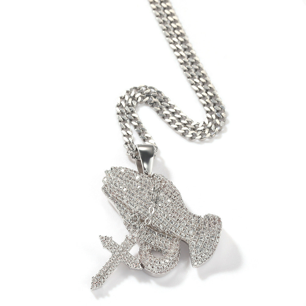 Full diamond hand cross pendant necklace European and American retro hip-hop rap popular accessory