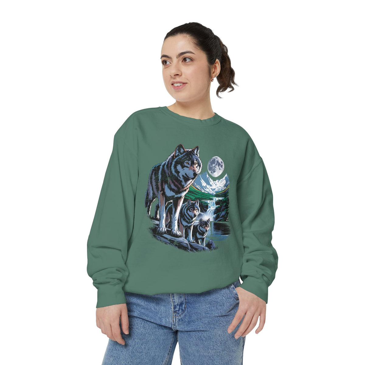 Wolf Pack Mountain Sweatshirt, Moonlit Wildlife Crewneck, Nature Lover Gift, Wilderness Forest Graphic Cozy Outdoor Pullover Unisex Top